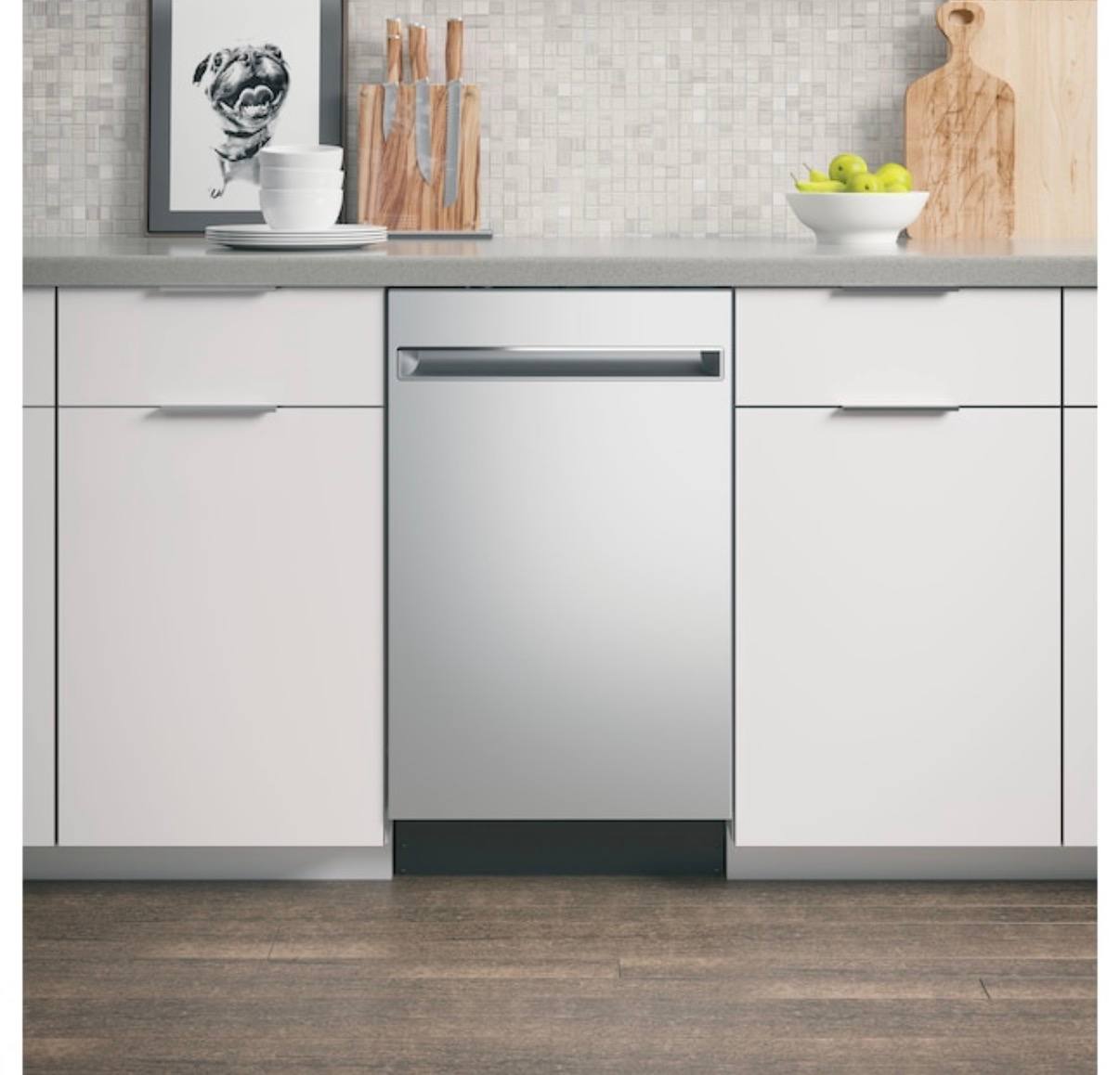 Built-in stainless steel dishwasher under a kitchen counter
