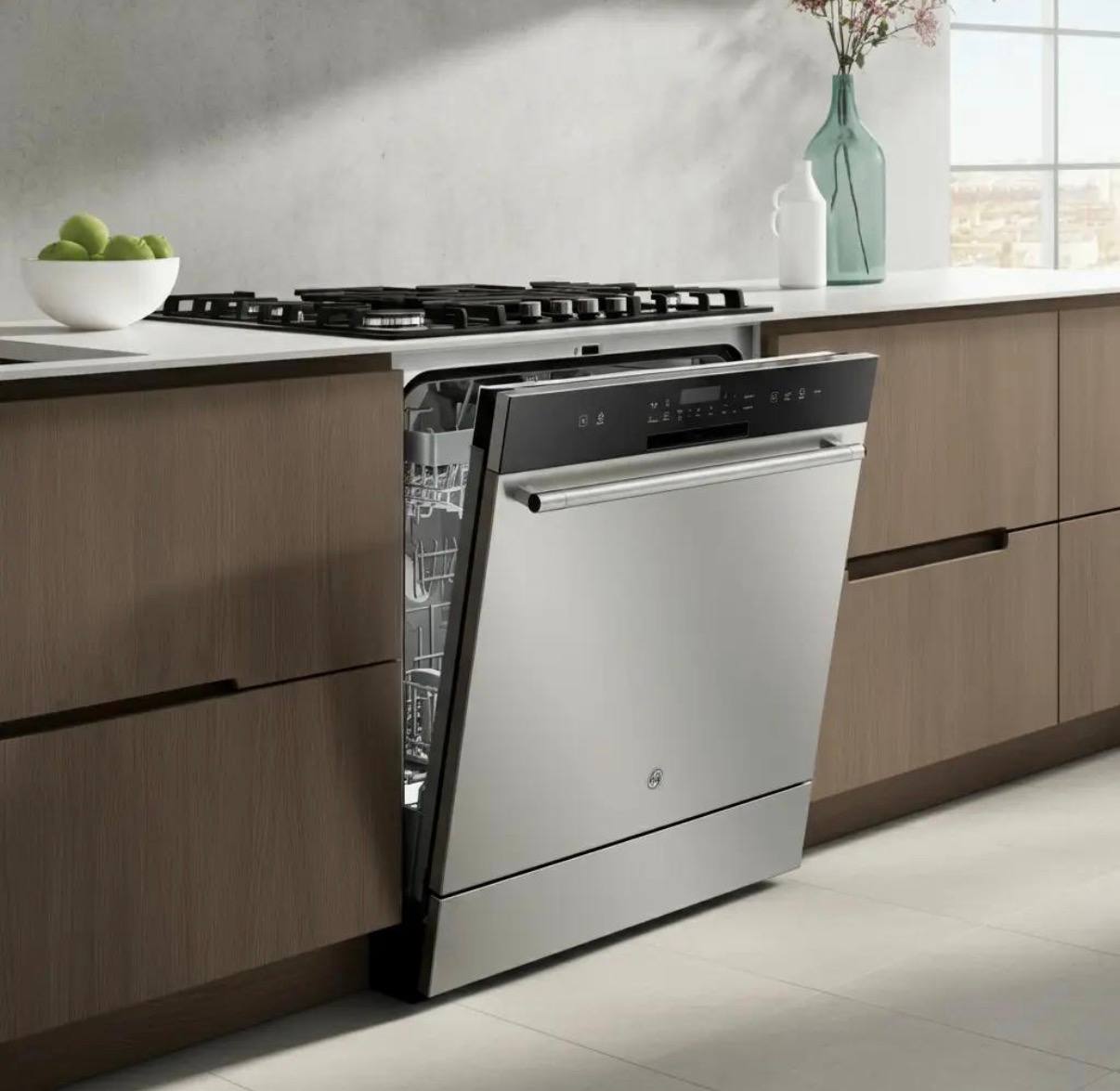 Dishwasher door open showing upper rack loaded with dishware in a kitchen