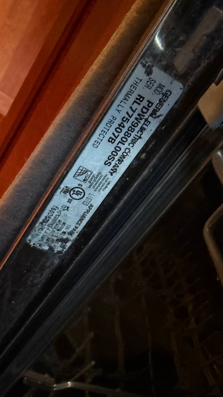 GE Profile dishwasher model and serial data plate