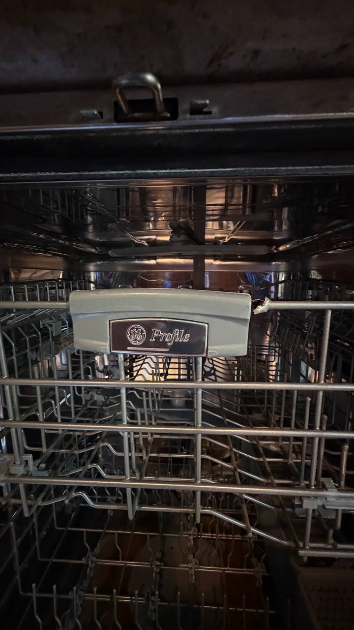 GE Profile dishwasher upper rack close-up
